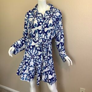 Blue and White Patterned Women's Shirt Dress